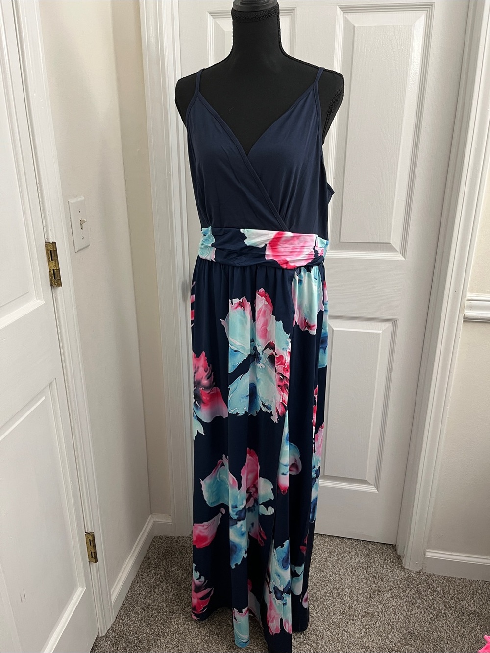 Floral Navy Wrap Maxi Dress with Pink & Teal Accents